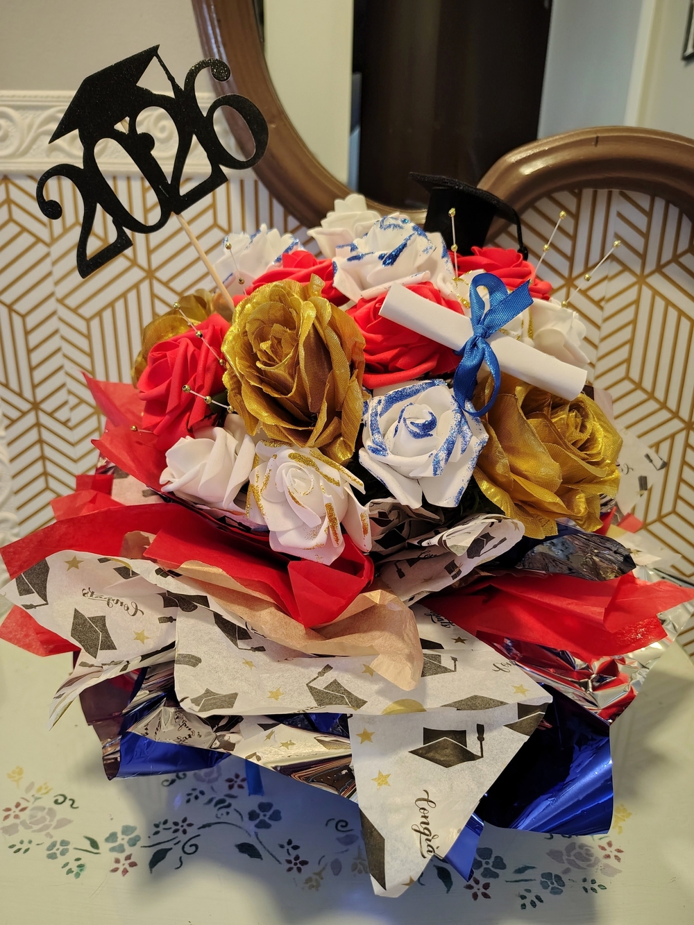 Graduation Floral Bouquet Centerpiece - Red, Blue, Gold & White